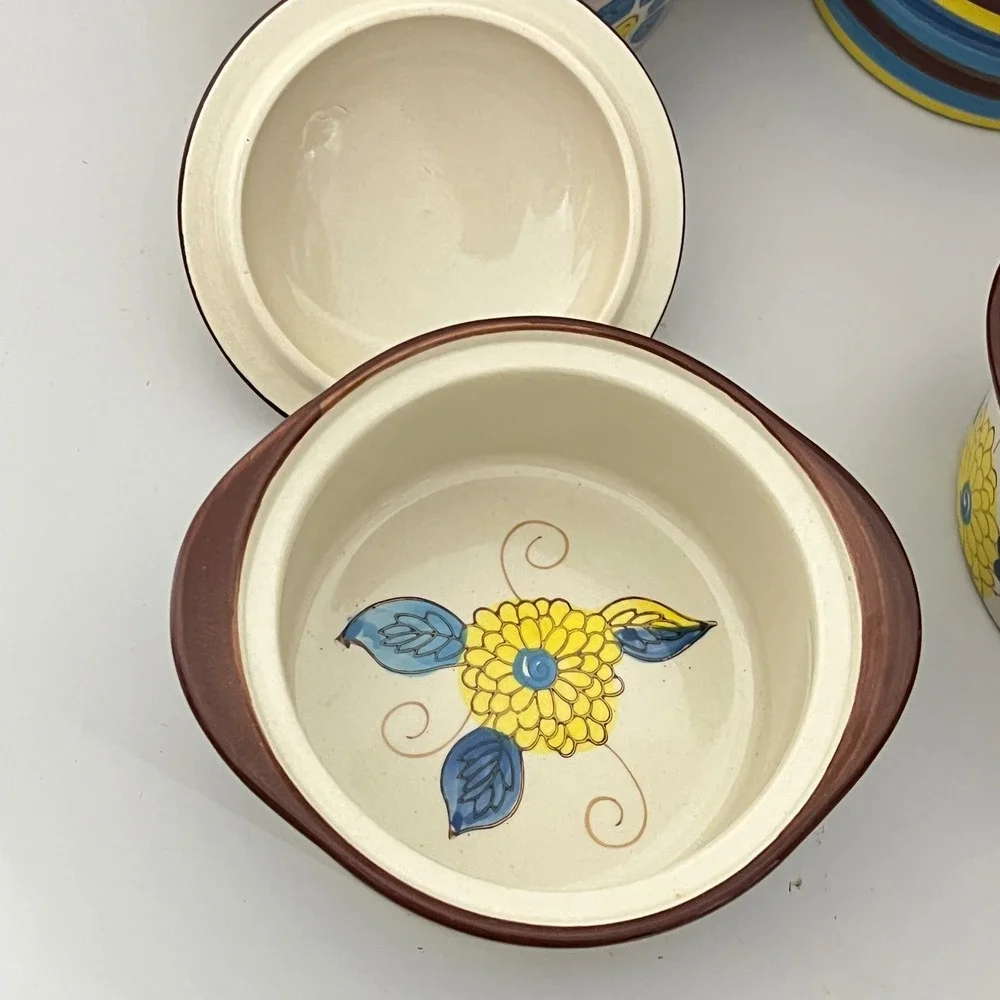 Temp-tations Ramekin Set 9 oz Blue Yellow‎ Floral Ceramic Ovenware 4pc